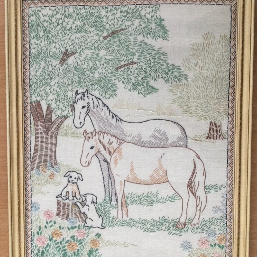 Vintage T.Eaton Co hand embroidery picture framed flowers, tree, horse, puppy